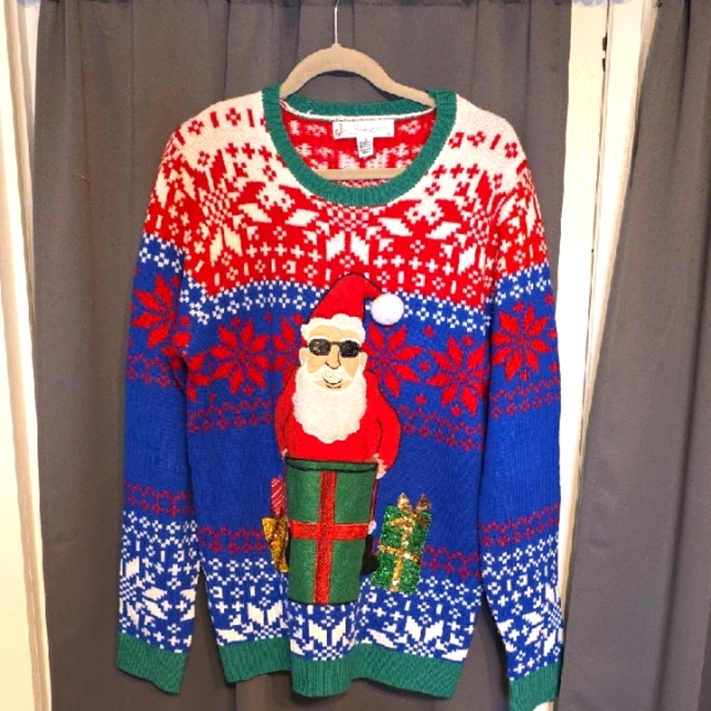 Jolly Sweaters Men's Colorful Sequins Santa Bag Pocket Christmas Sz L GUC *READ*